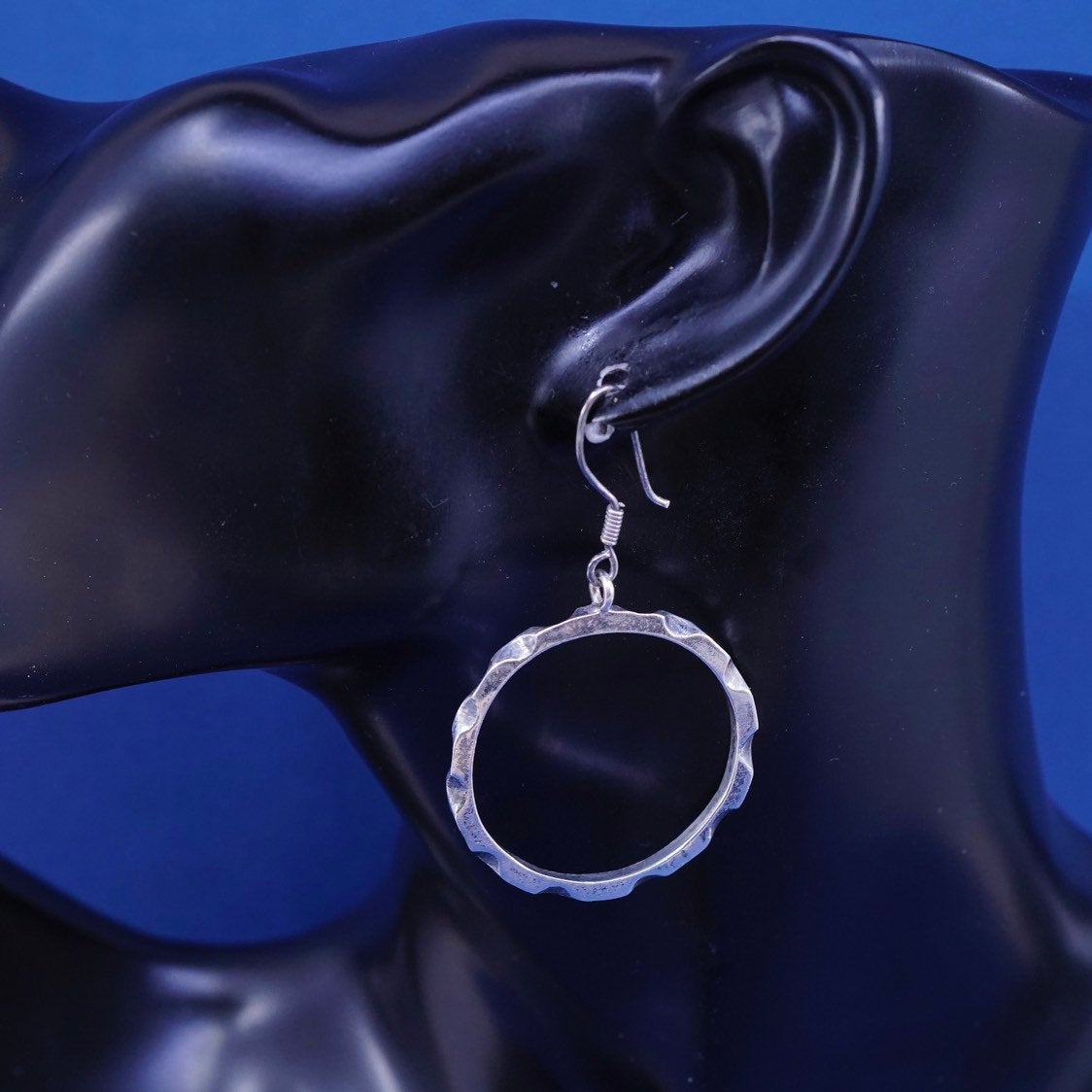 1.25”, vtg Sterling silver handmade earrings, mexico 925 gear hoops