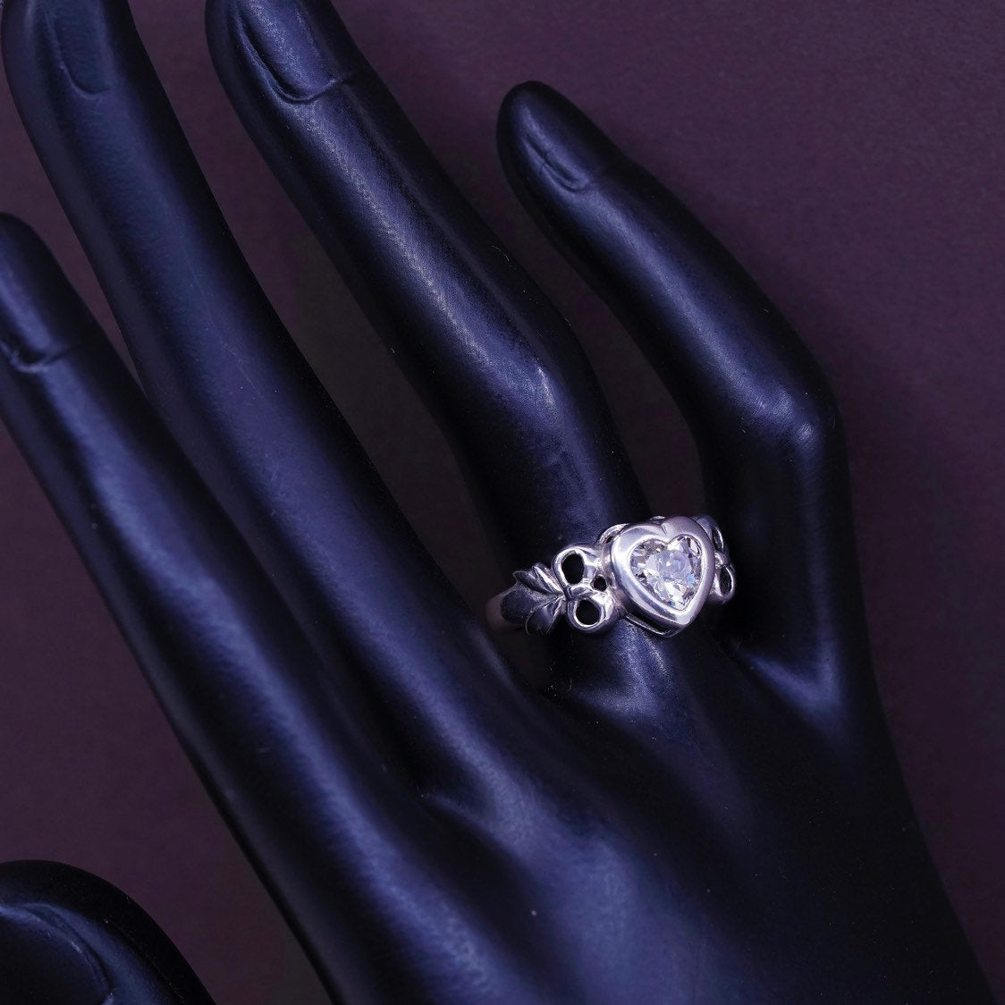 sz 7.25, vtg sterling silver engagement ring, clear crystal heart 925