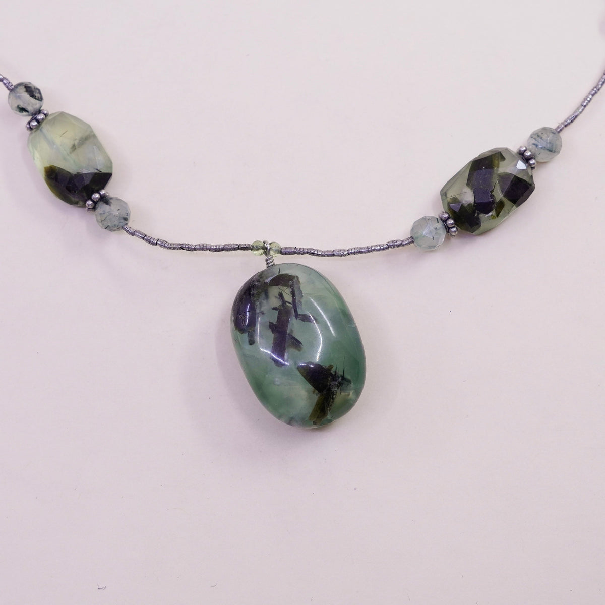 16”, vintage sterling 925 silver handmade necklace with nugget prehnite pendant