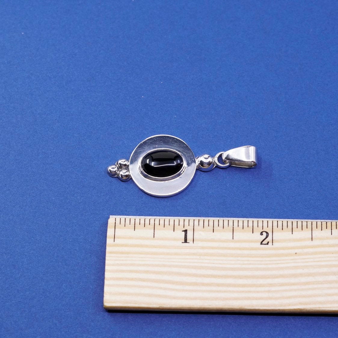 vtg Mexico CII Sterling silver handmade pendant, 925 w/ oval obsidian
