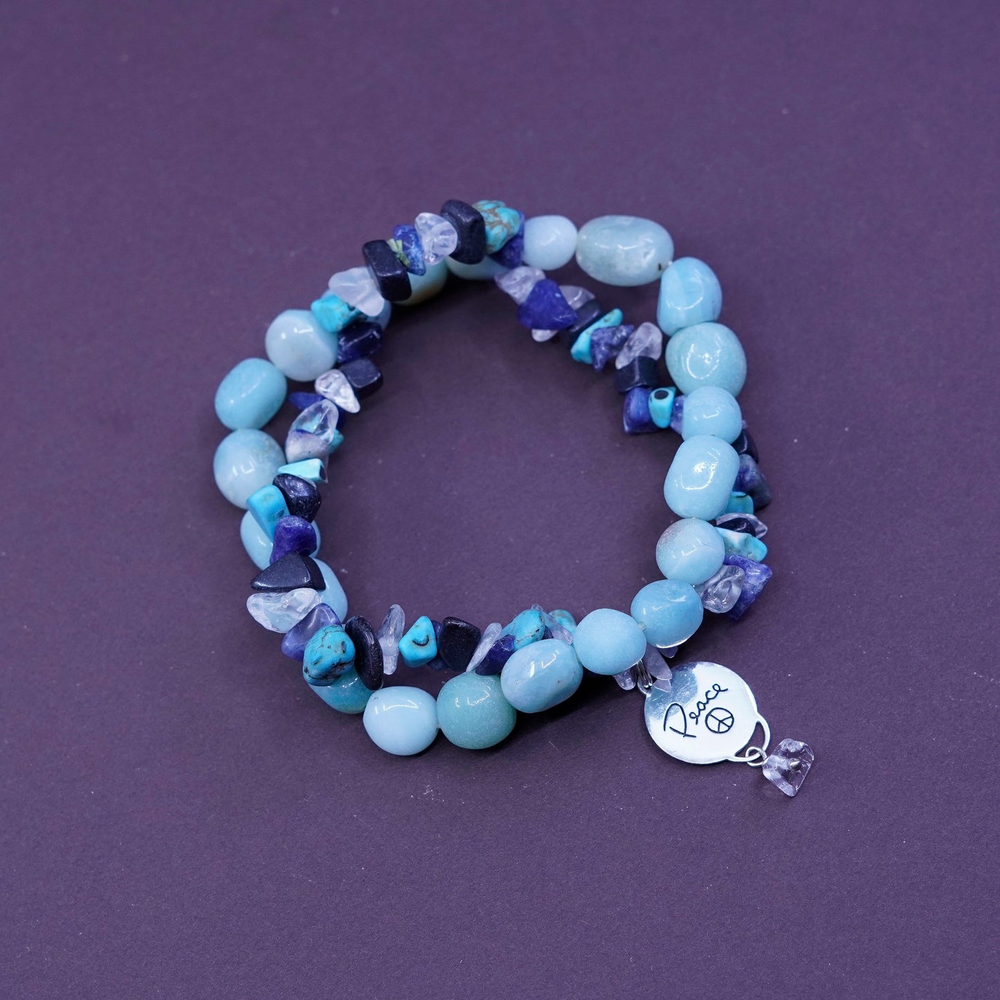 6.5”, jade turquoise beads bracelet with sterling 925 silver CND peace charm.