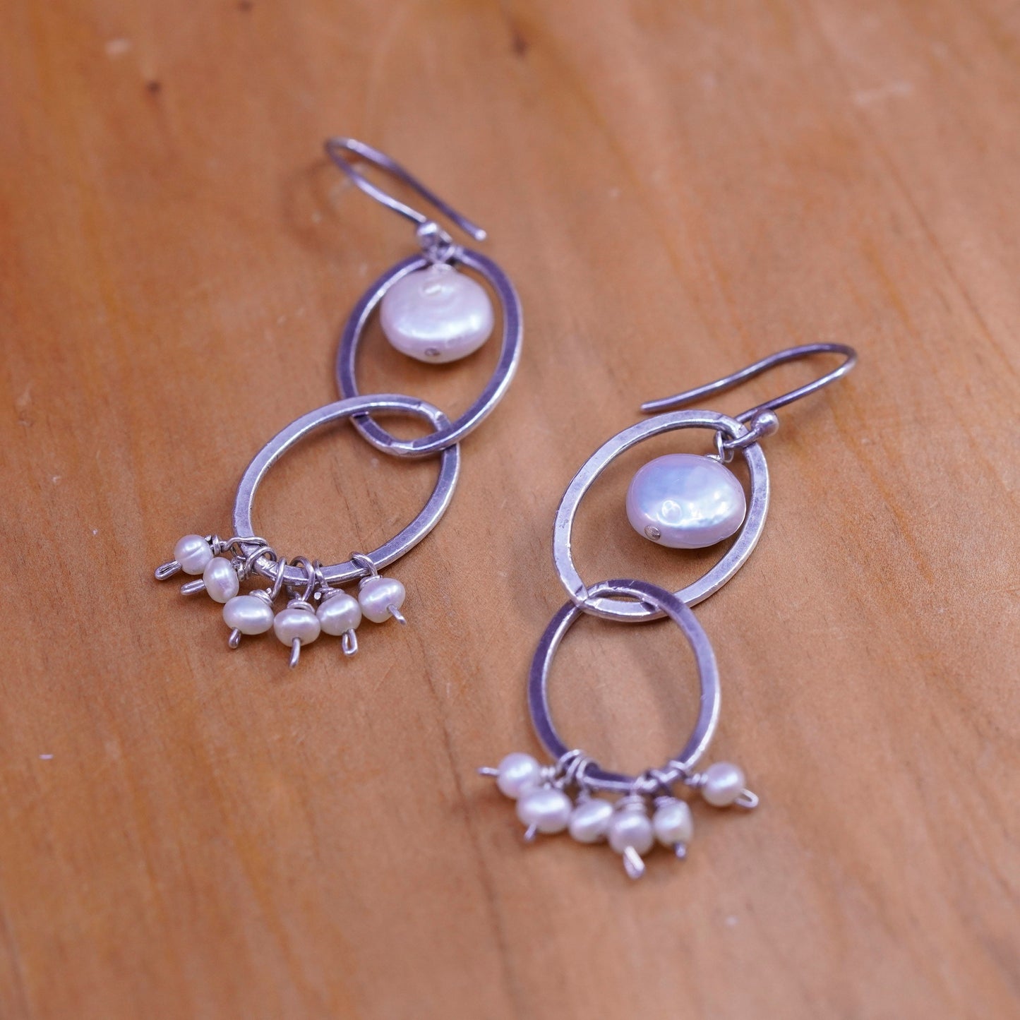 Vintage Sterling 925 silver handmade oval earrings with cluster pearl