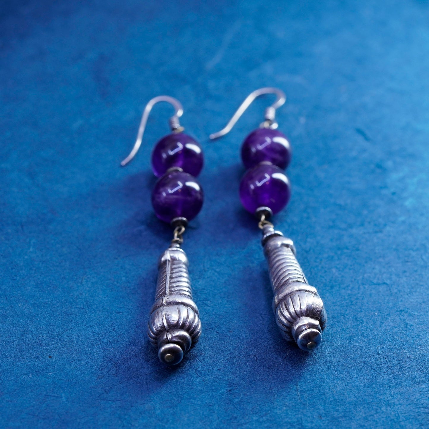 Vintage sterling silver handmade earrings, long 925 teardrop with amethyst