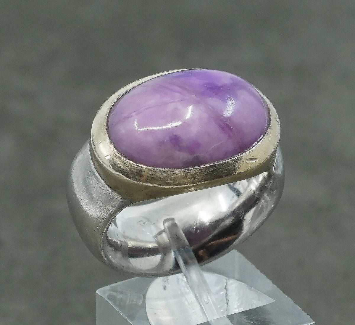 sz 7, vtg handmade Sterling silver ring, 925 statement ring w/ oval Charoite