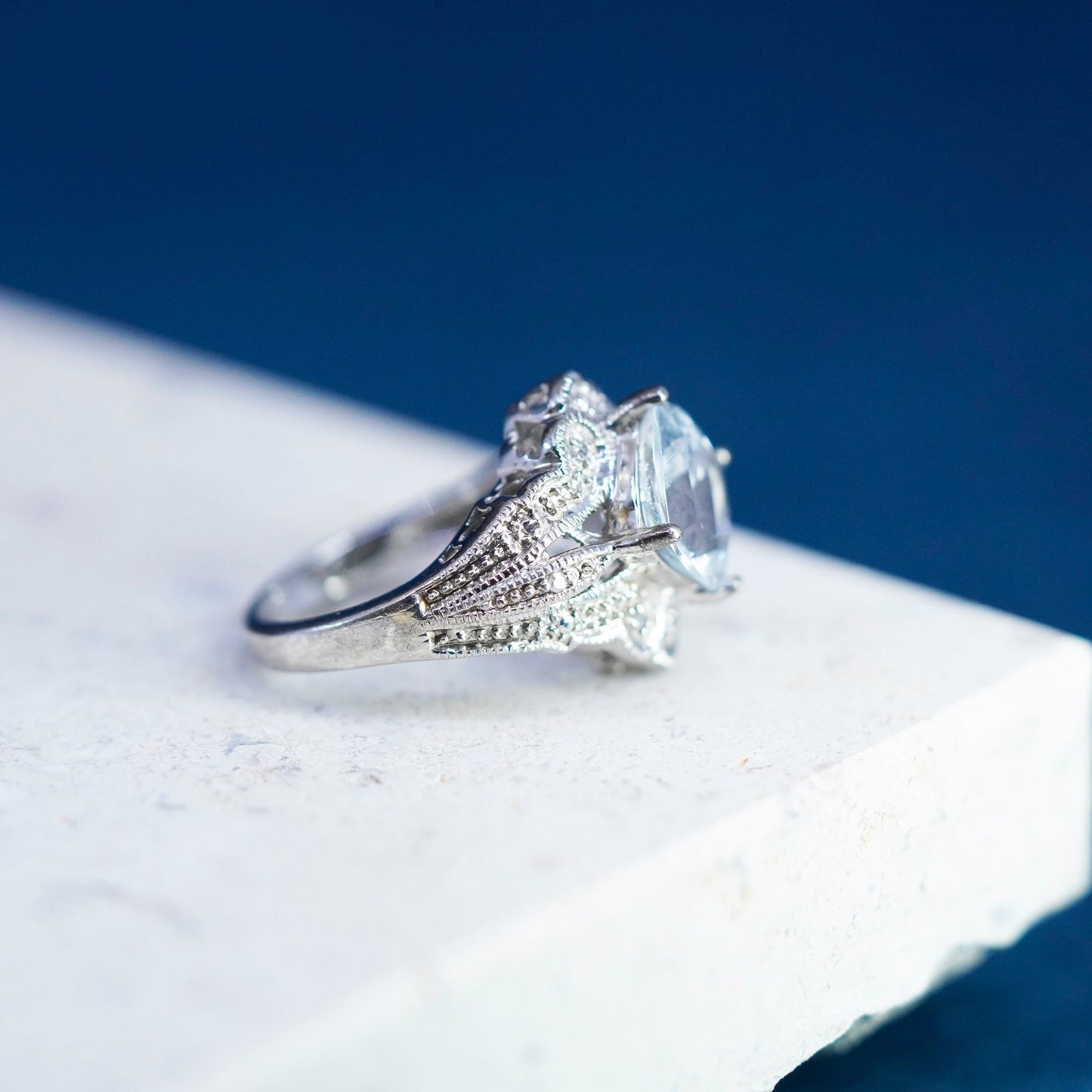 Size 4.75, vintage Sterling 925 silver engagement ring with cluster Cz around