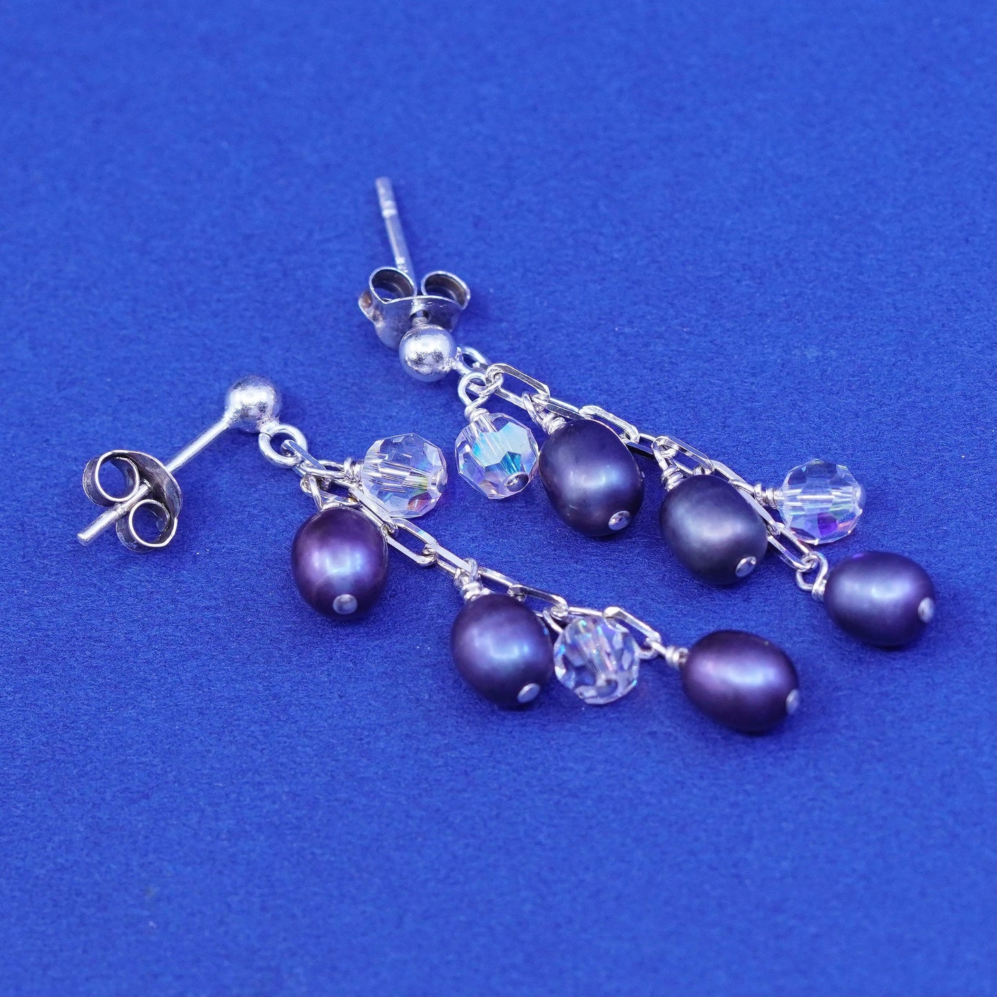 Vintage Sterling silver earrings, 925 hooks with cluster black pearl crystal