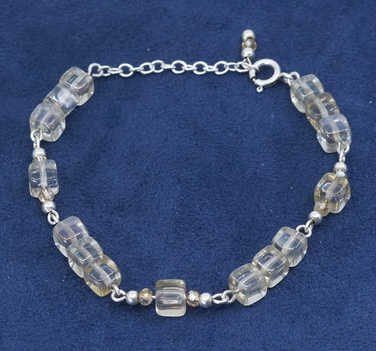 7"+1”, vtg handmade sterling silver bracelet, clear glass beads, stamped 925