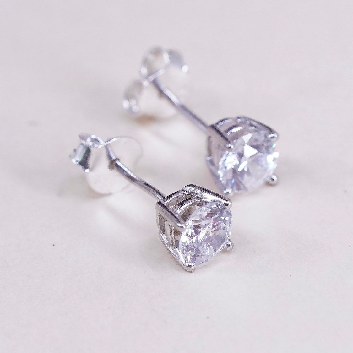 Vintage sterling silver genuine cz studs, fashion minimalist earrings