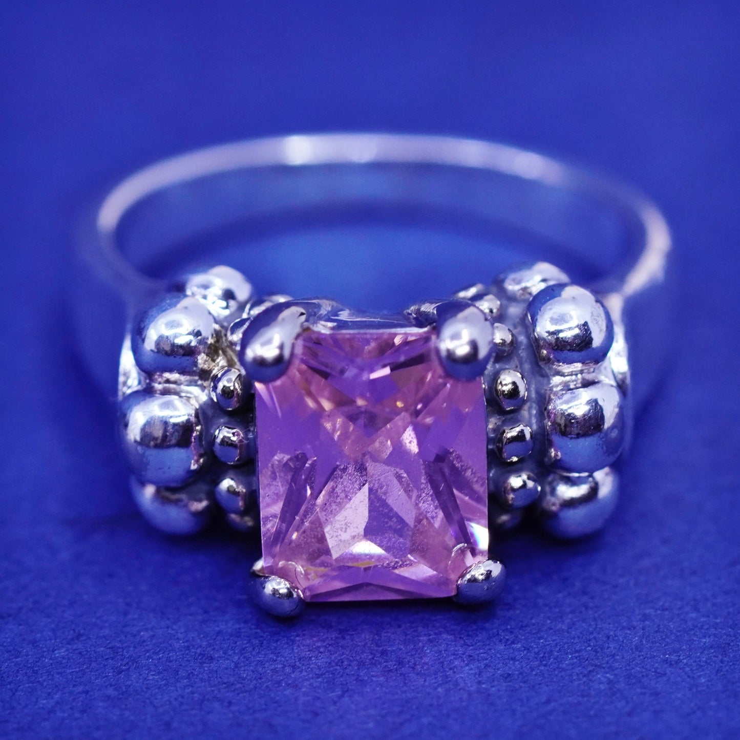 Size 6, vintage Sterling 925 silver handmade statement ring with pink crystal