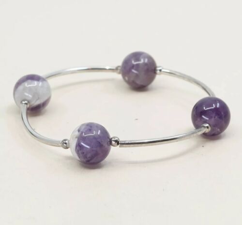 6”, Vtg Sterling 925 Silver Bar Bracelet W/ Amethyst Beads N Elastic Band