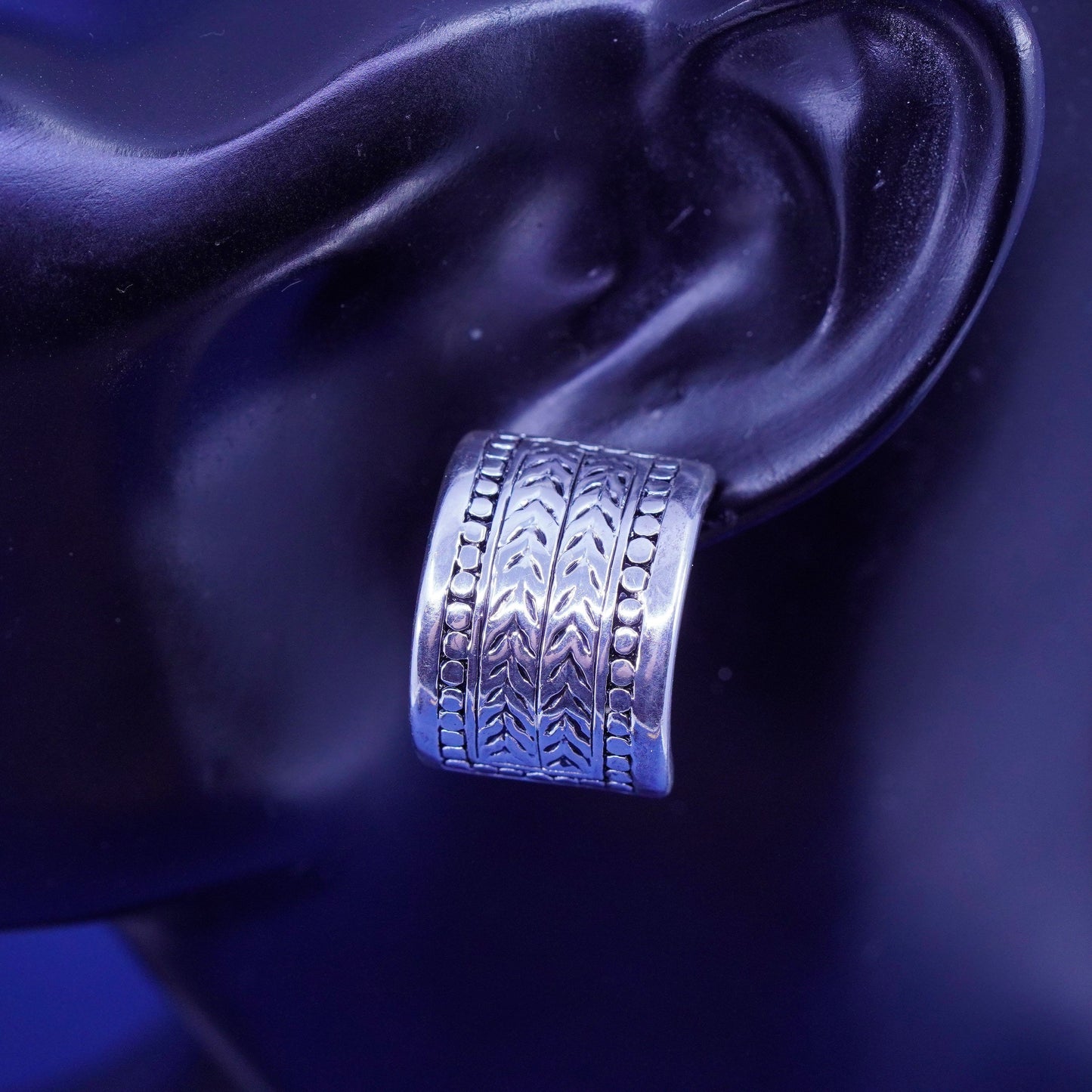 0.75”, vintage Sterling silver handmade hoop earrings textured 925 huggie studs