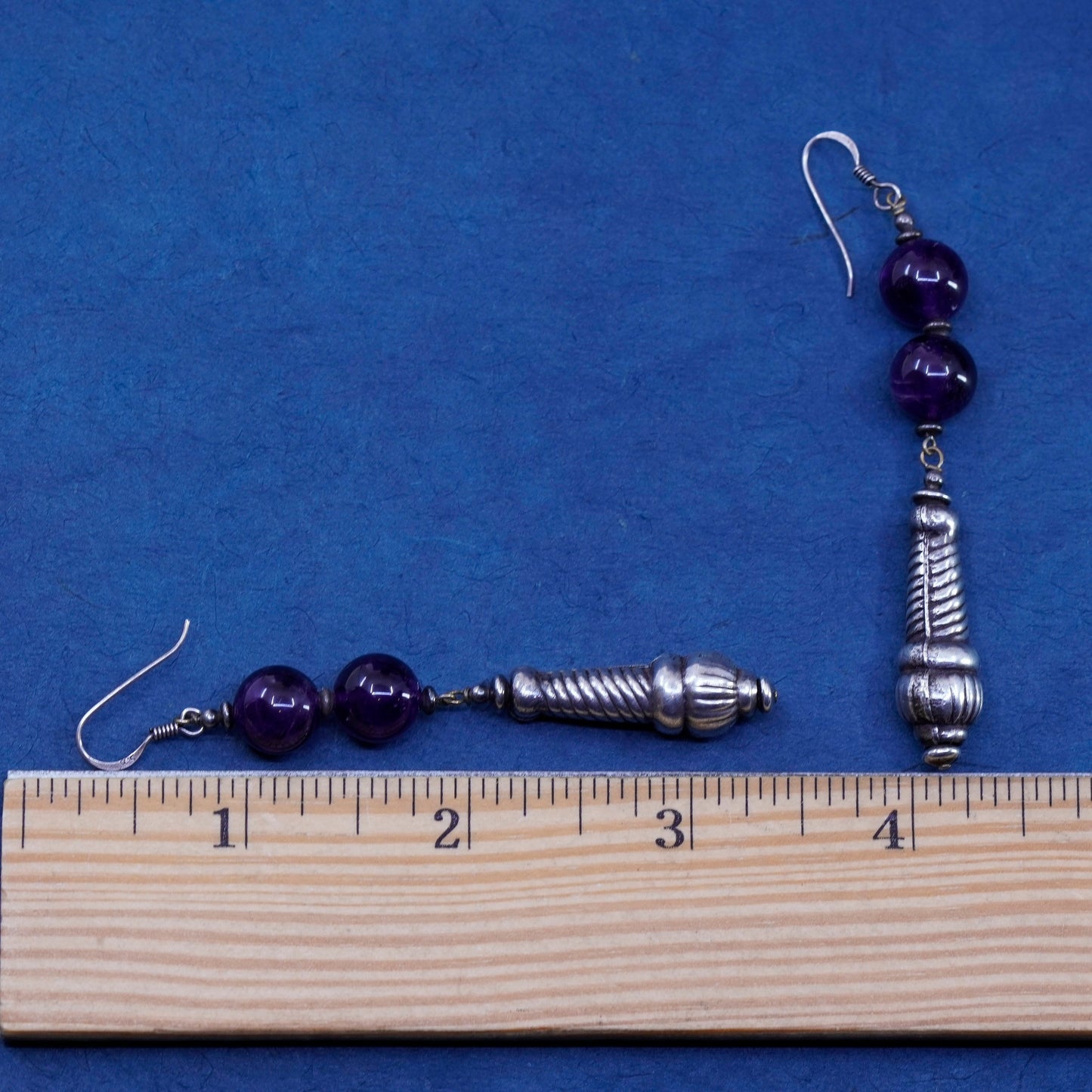 Vintage sterling silver handmade earrings, long 925 teardrop with amethyst