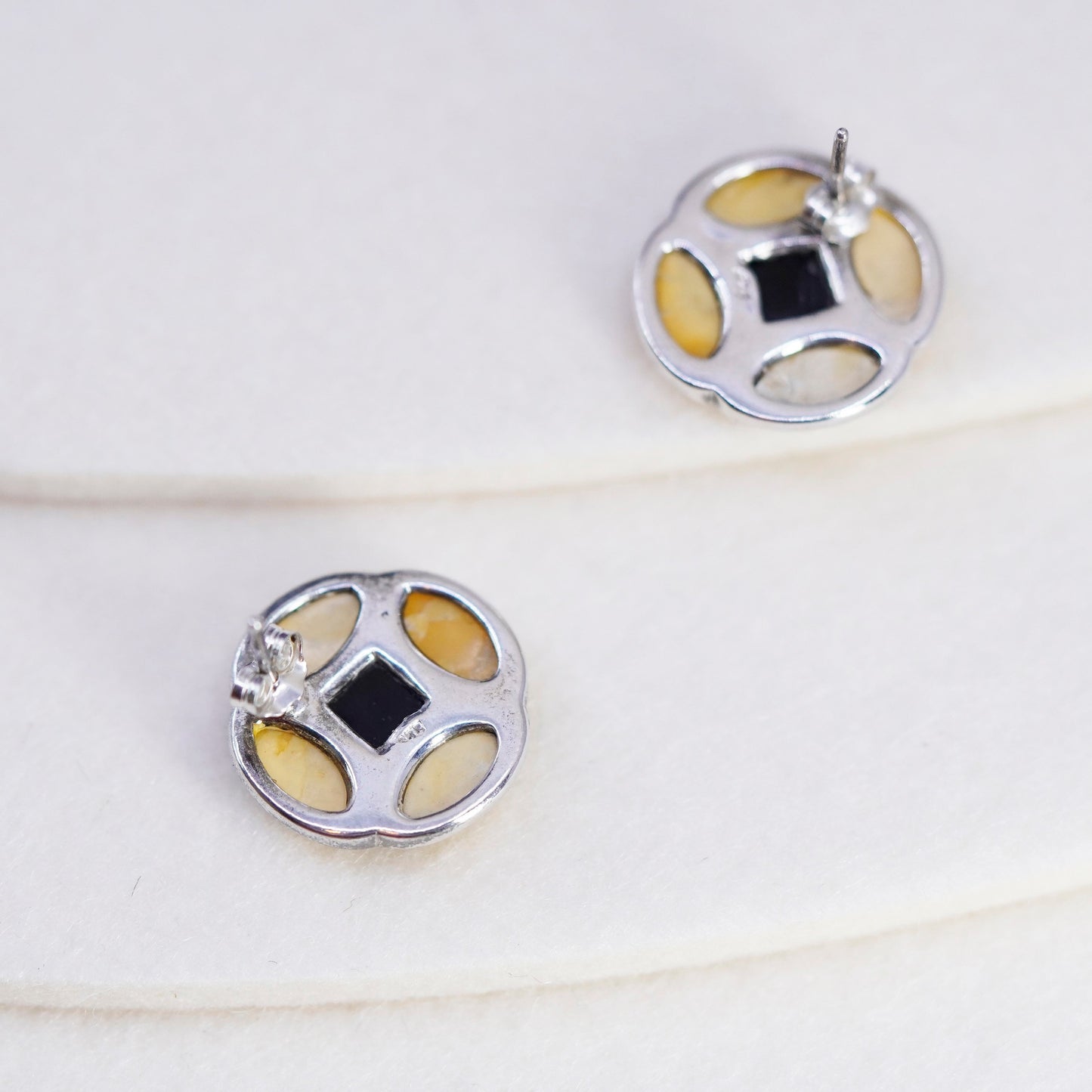 Vintage Sterling 925 silver handmade earrings, studs with Amber inlay