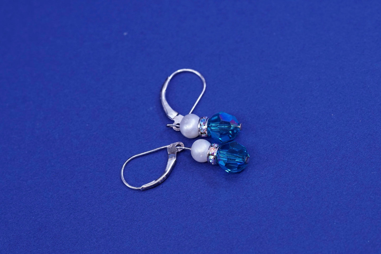 Vintage sterling 925 silver handmade earrings, with cube blue crystal and pearl