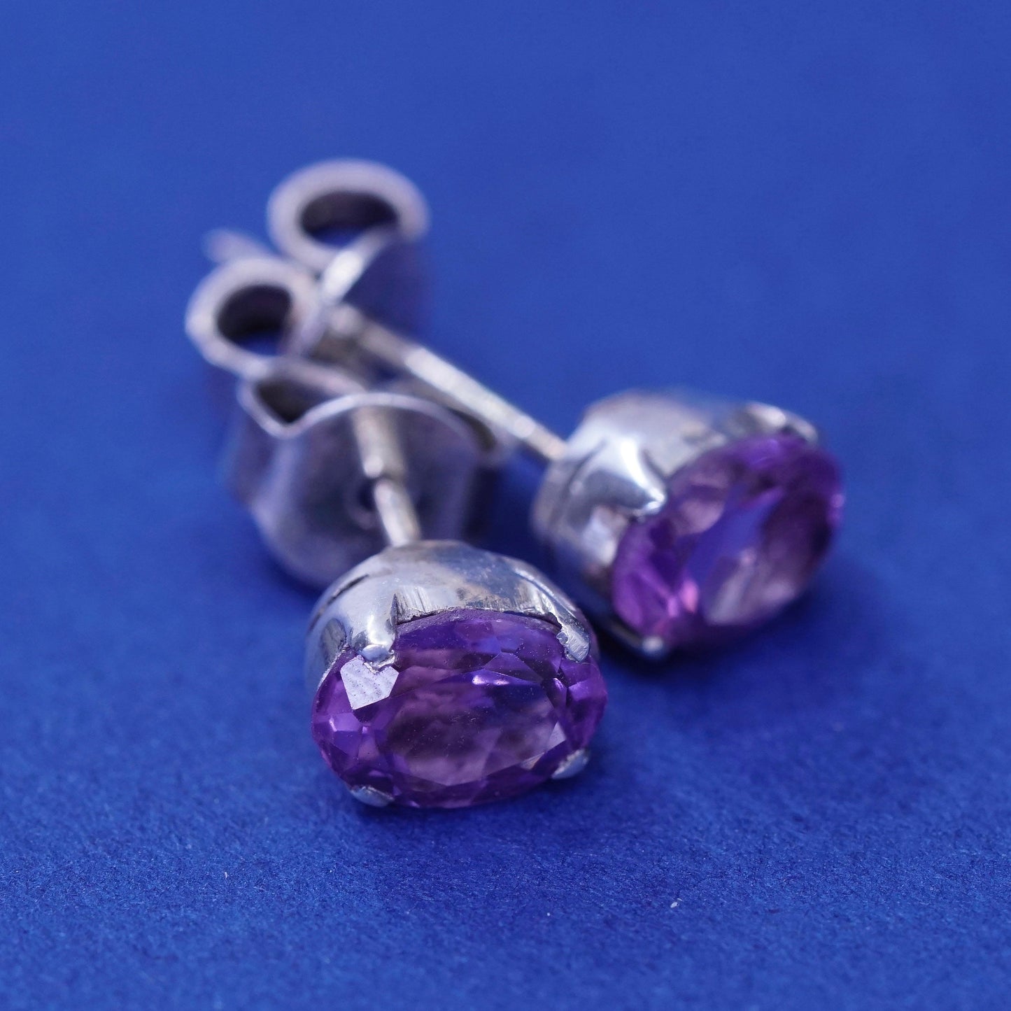 Vintage sterling silver handmade earrings, 925 studs with amethyst