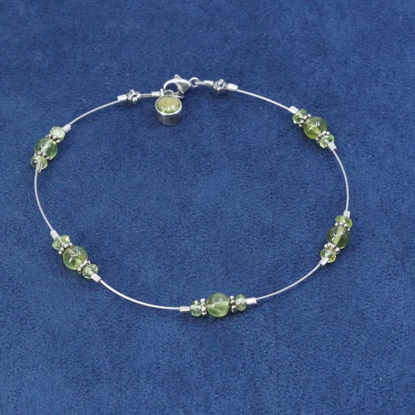 8.5", Sterling silver handmade bracelet, stainless steel chain w/ peridot beads