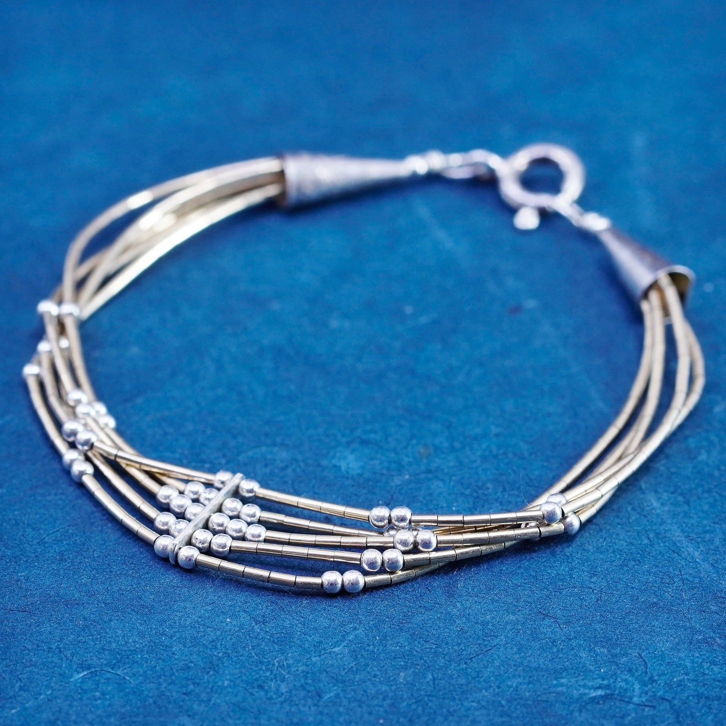 6.75”, vintage sterling handmade bracelet 14K gold tube 925 liquid silver beads