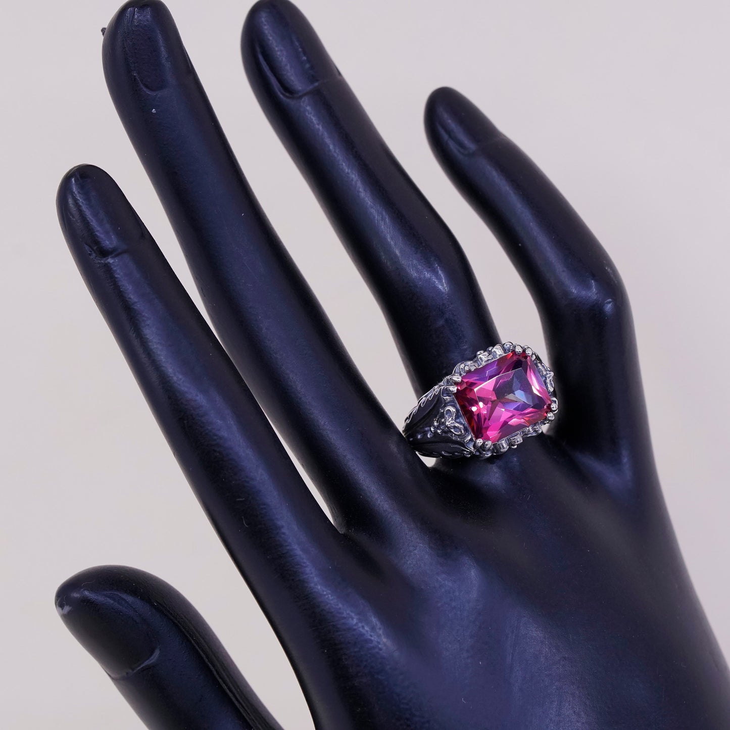 sz 7.25, VTG cocktail Sterling silver handmade ring, 925 crown w/ pink crystal