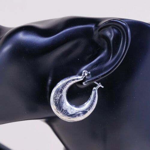 1.25”, Vtg Sterling Silver Handmade Earrings, Testured 925 Hoops, Huggie