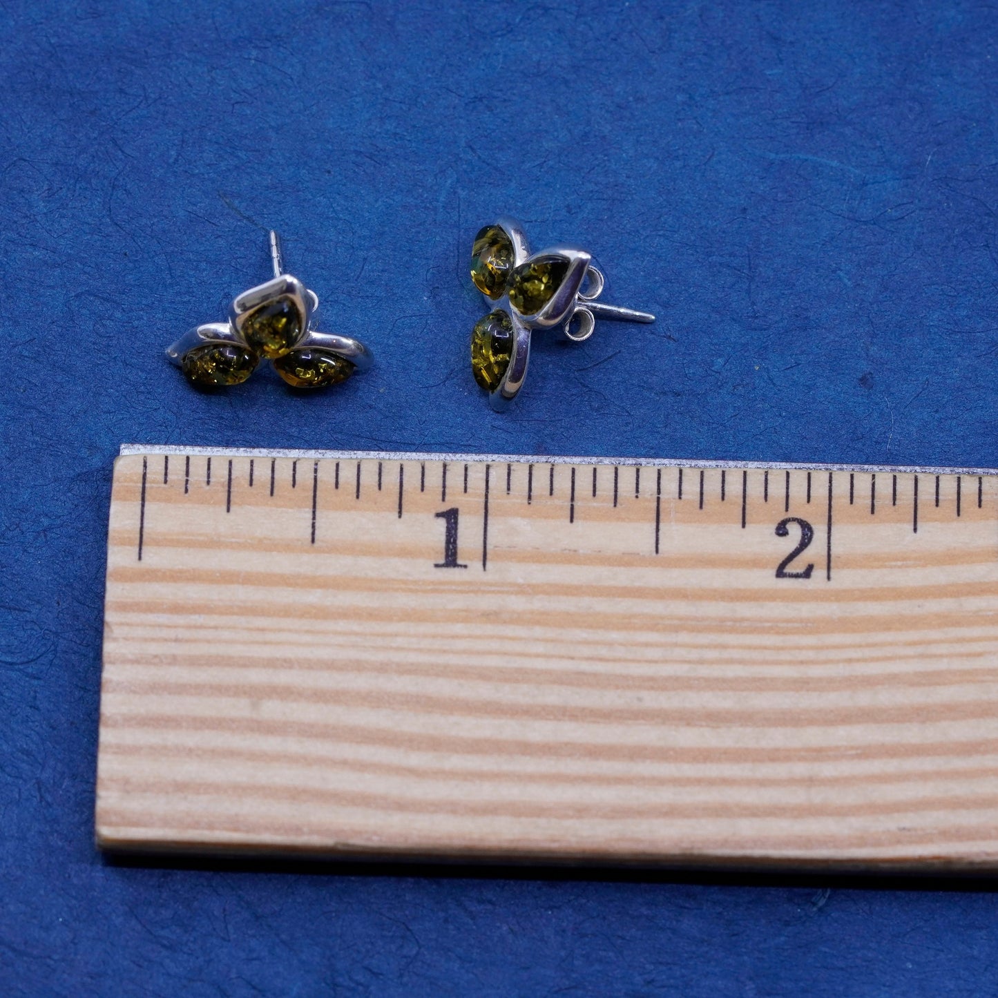 Vintage sterling silver handmade earrings, 925 studs with amber