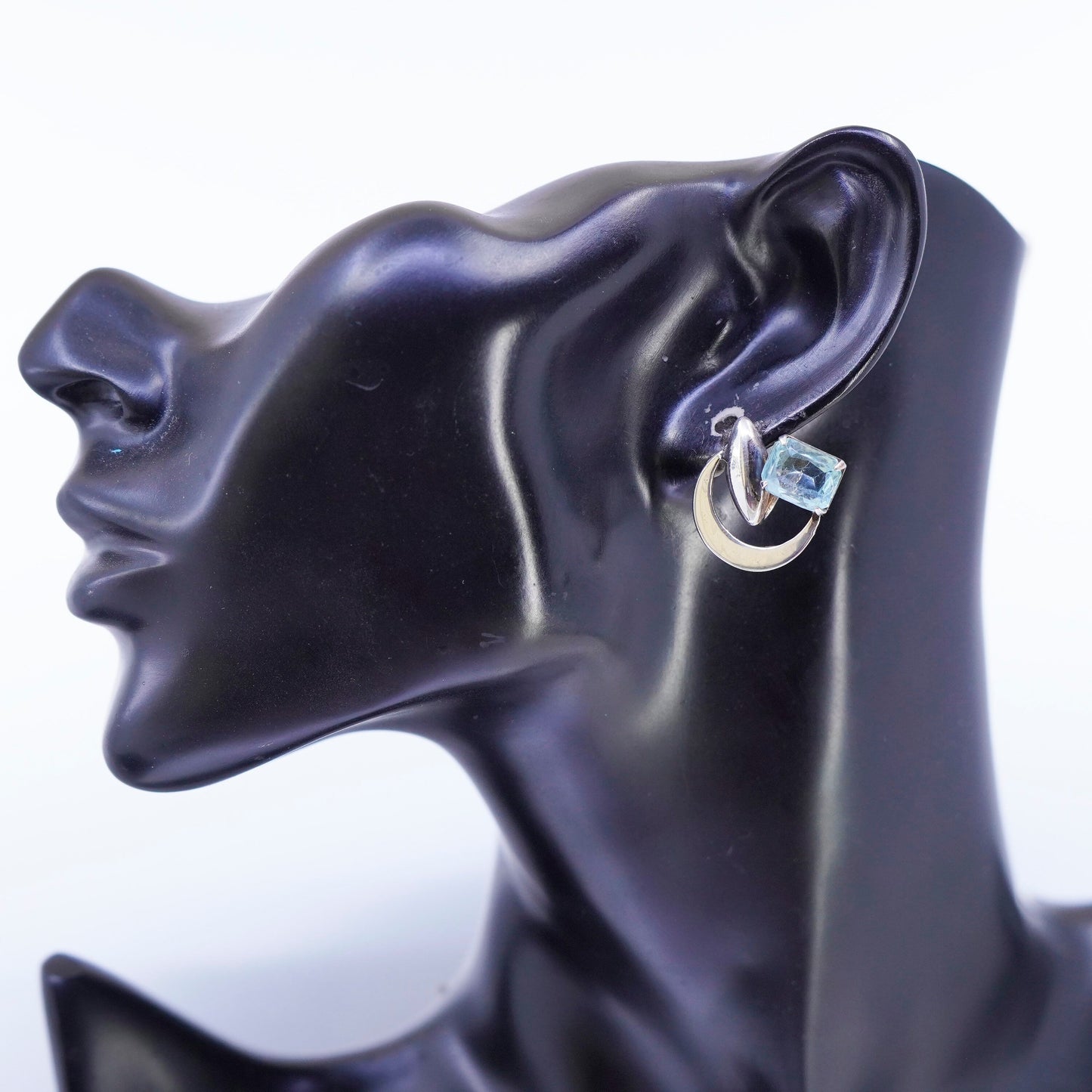 Vintage Sterling 925 silver handmade earrings, screw back moon blue rhinestone