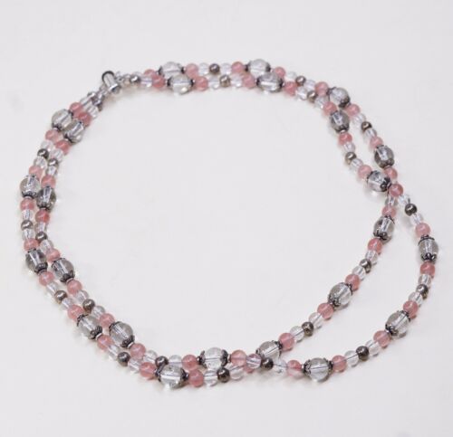 18”, Vtg Double Strands 925 Sterling Silver Pink Rose Quartz W/ Crystal Beads