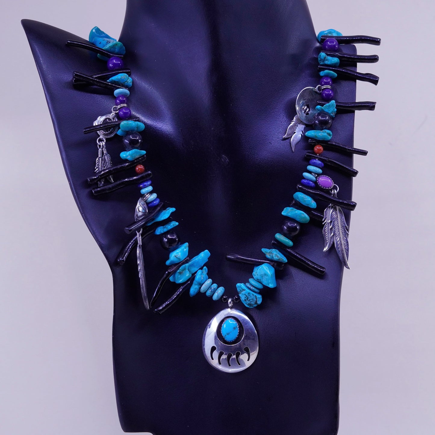 30”, Native American Richard Begay Sterling silver turquoise necklace Navajo