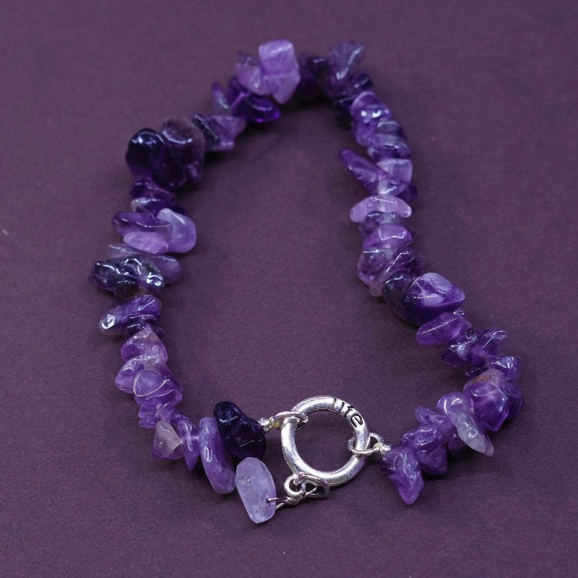 6.25”, vtg Sterling silver handmade bracelet, irregular amethyst beads bracelet