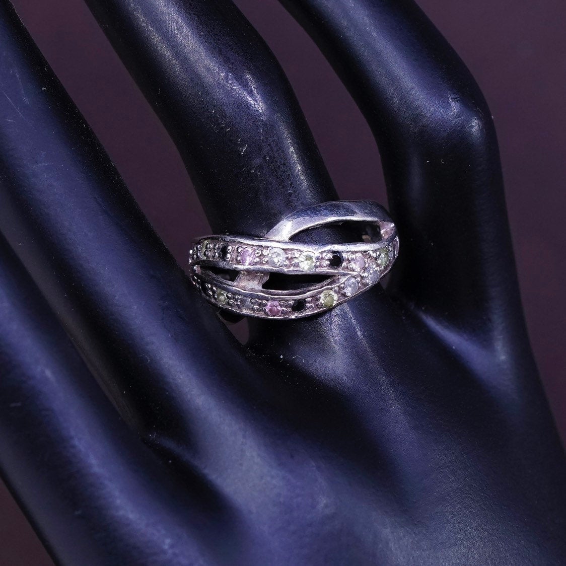 sz 6.75, vtg Sterling silver anniversary ring, 925 band w/ cluster cz