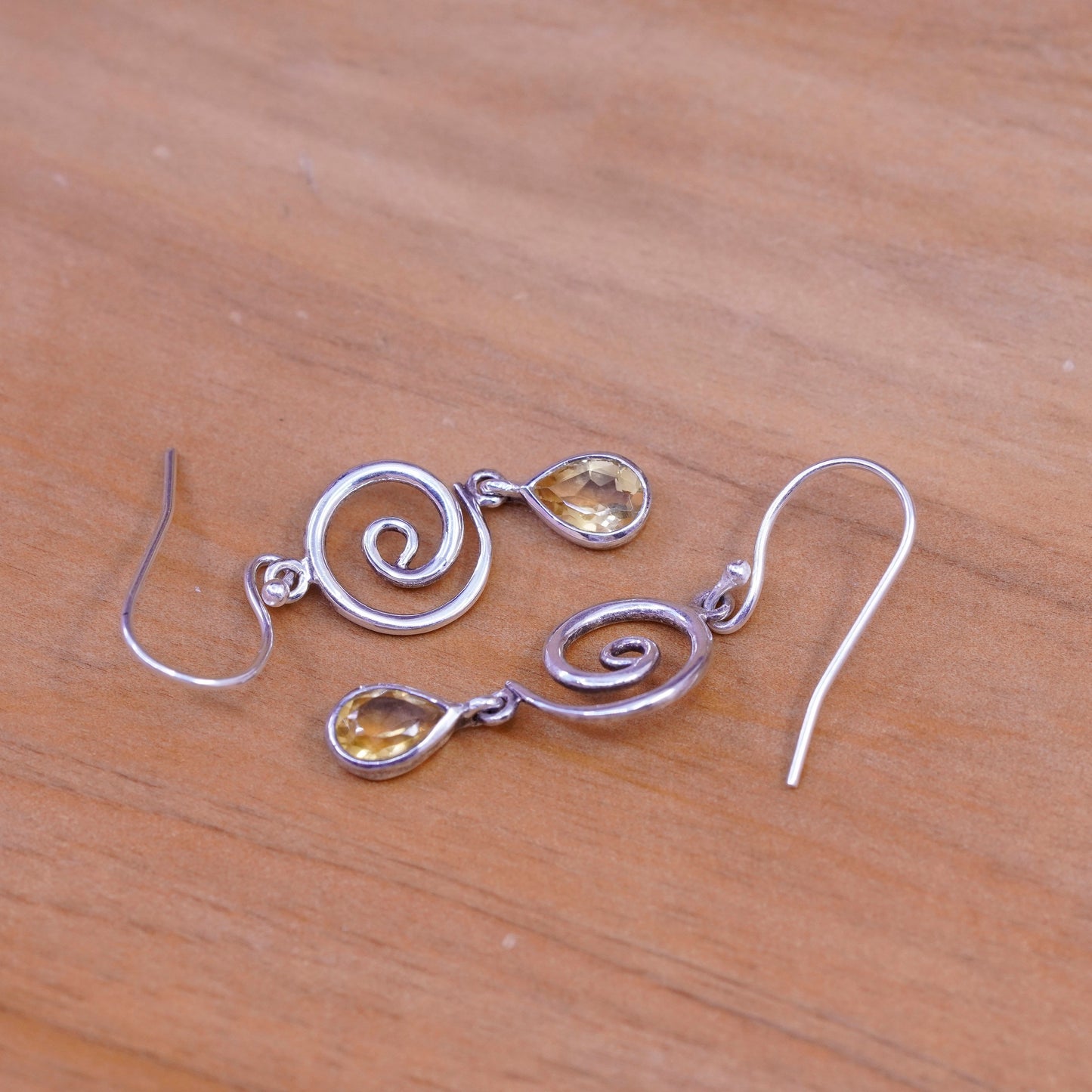 vtg sterling silver handmade earrings, 925 swirly drops with teardrop citrine