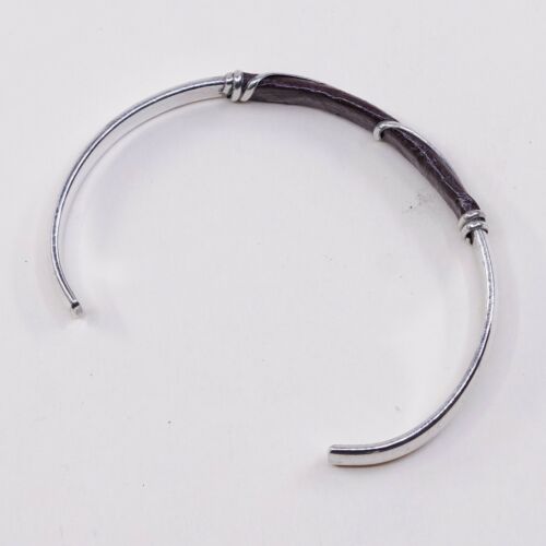 6.75”, Vtg Mexico Handmade Sterling 925 Silver W/ Red Leather Cuff Bracelet