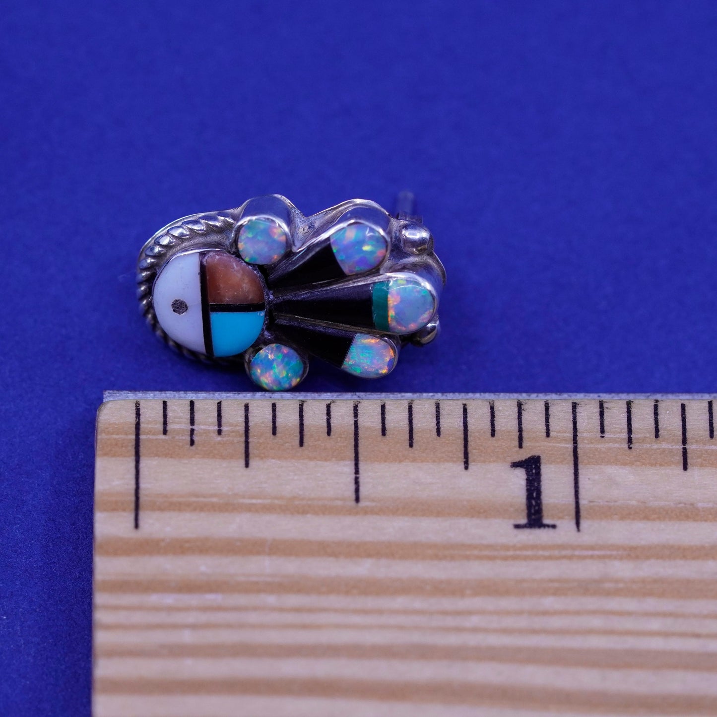 Vintage Native American sterling silver earrings, Zuni 925 studs opal turquoise