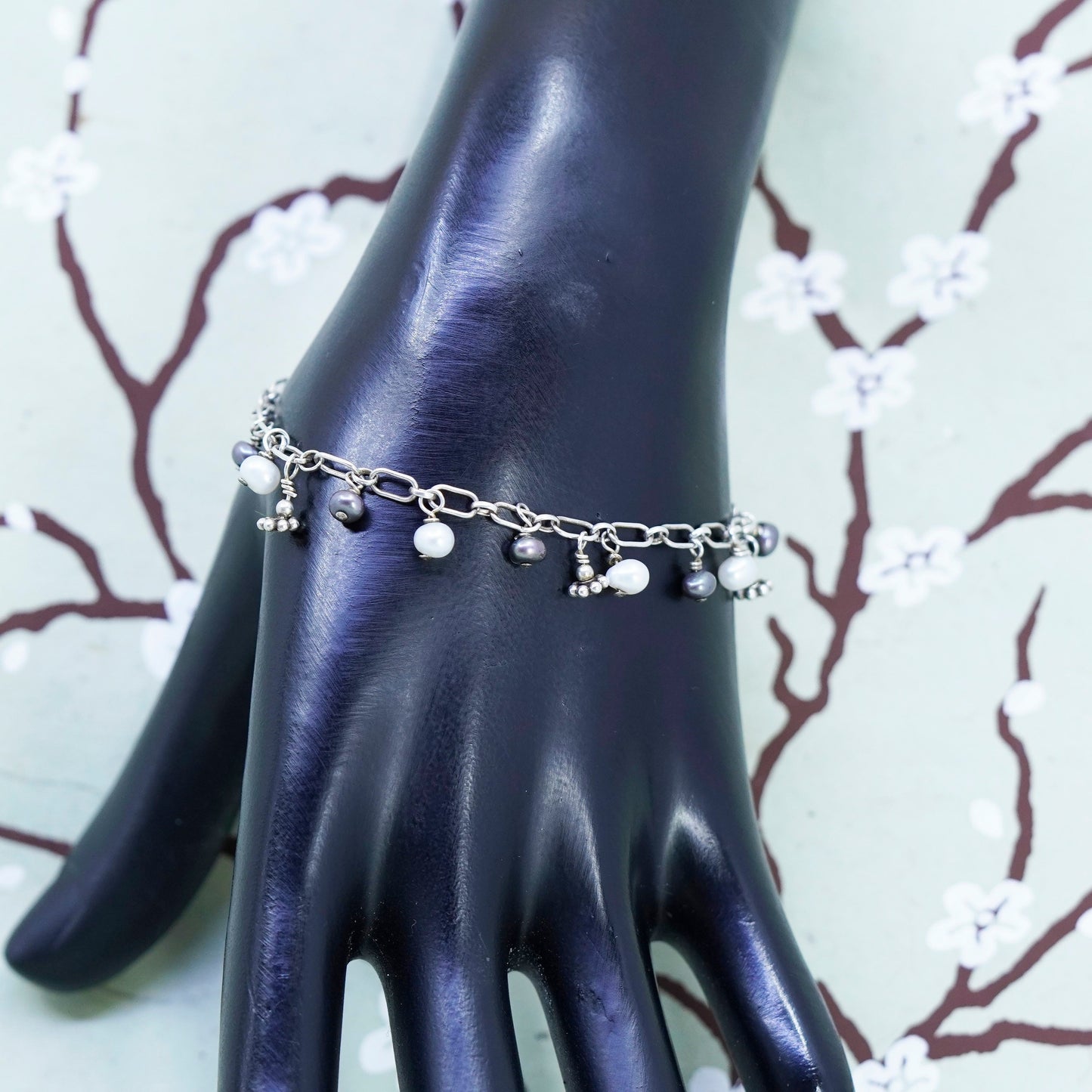6.75”, Vintage handmade bracelet, elongated chain with freshwater pearl beads