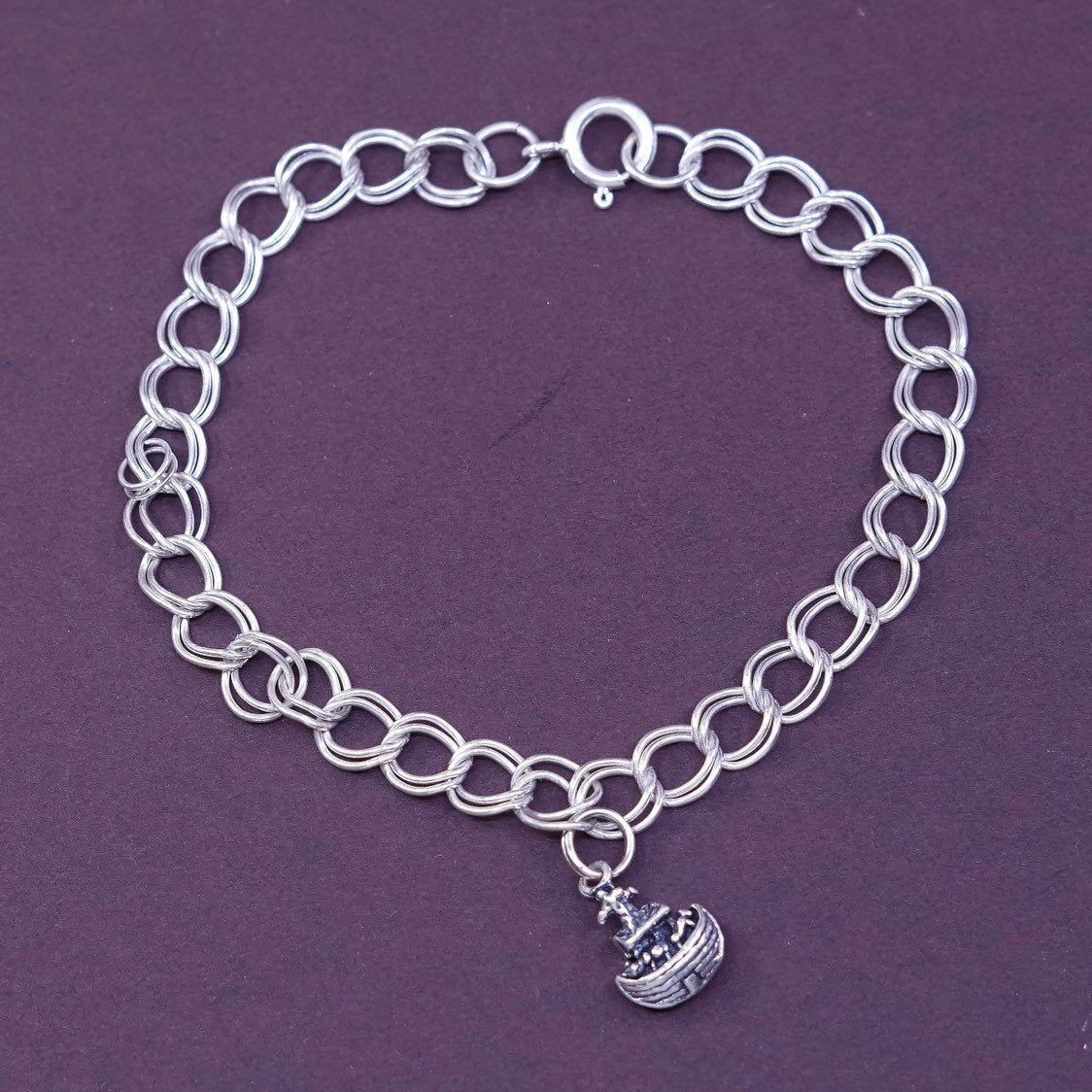 7.5", 5mm Sterling silver double curb bracelet, 925 bracelet w Noah’s ark charm