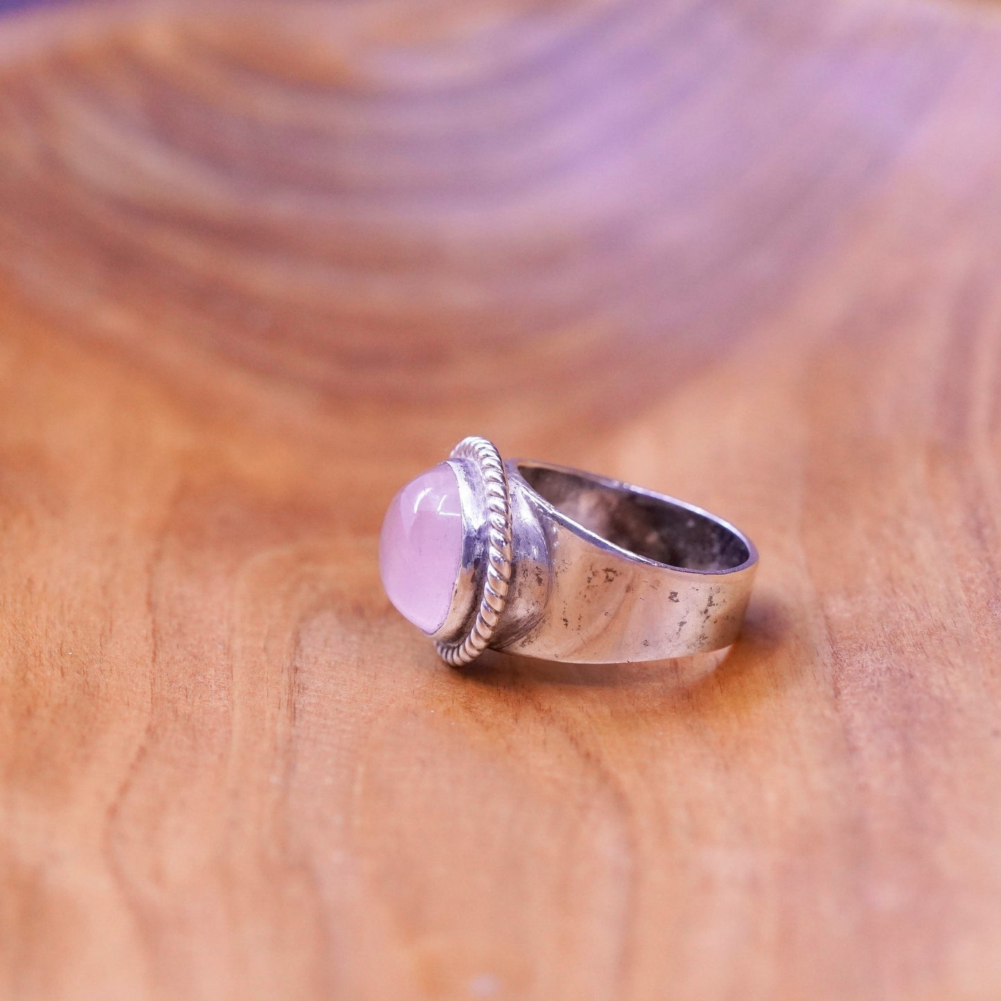 Size 6, Sterling 925 silver handmade ring round rose pink Quartz and cable