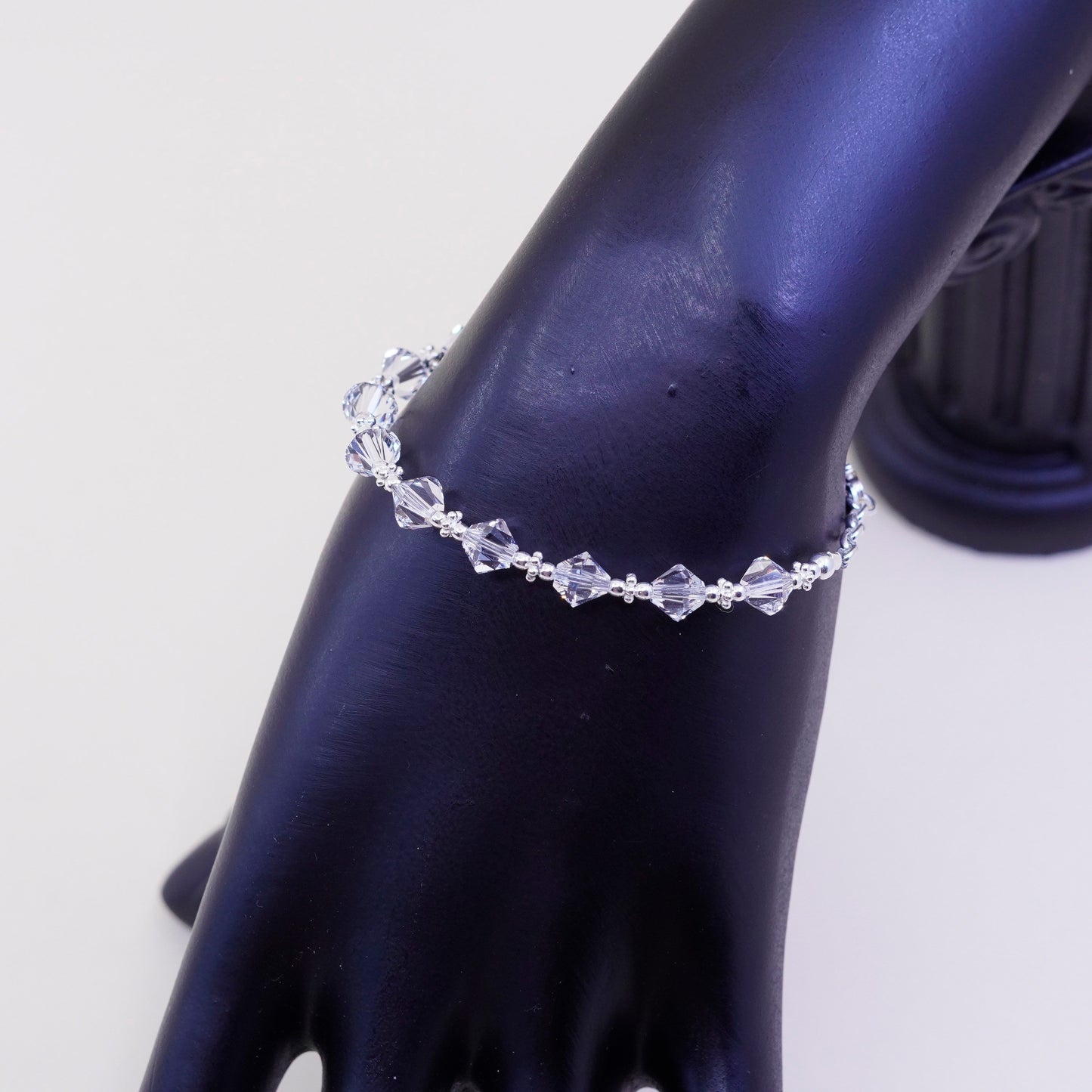 6”, vintage sterling silver handmade bracelet, 925 beads with crystal