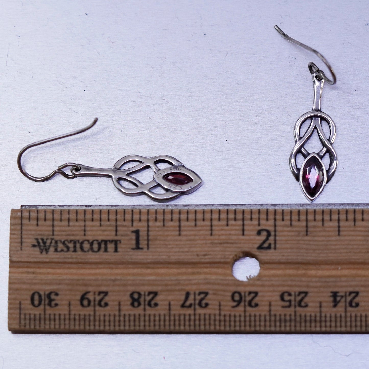 Vintage Irish Sterling 925 silver handmade filigree Celtic knot earrings ruby
