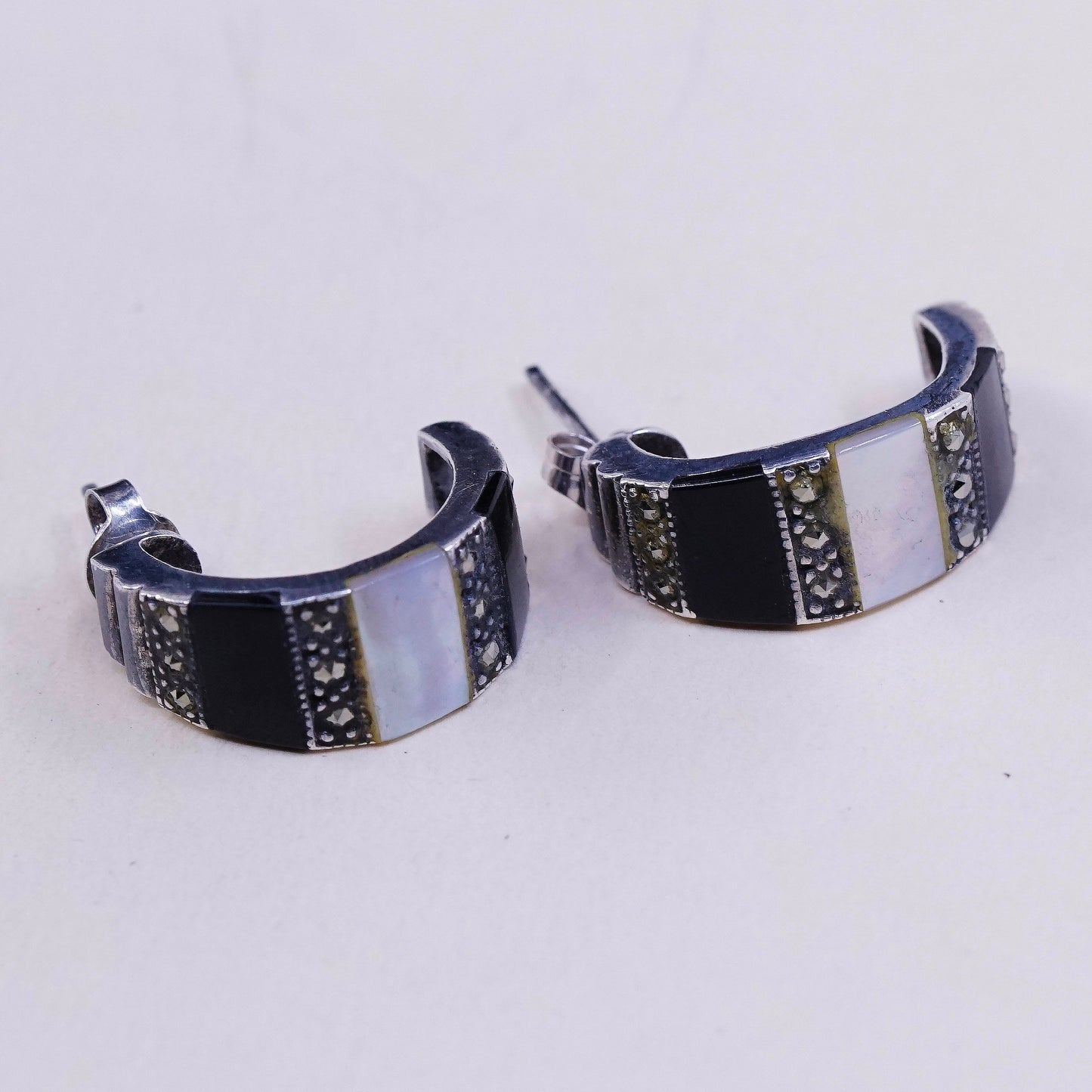 vtg handmade 925 Sterling earrings, 925 Huggie studs w/ MOP obsidian marcasite