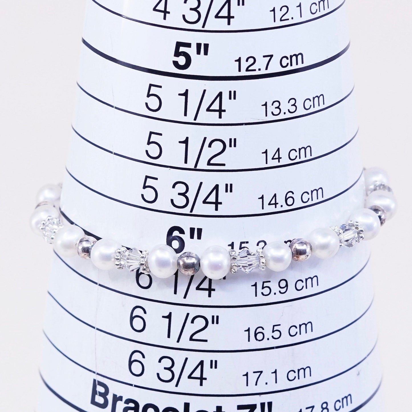 6”, vtg sterling 925 silver handmade bracelet, pearl beads w/ heart charm Megan