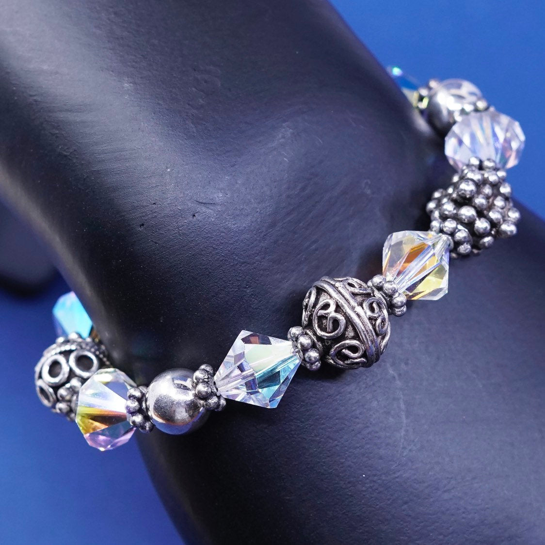7.25”, sterling silver handmade bracelet, 925 w/ crystal beads N toggle closure