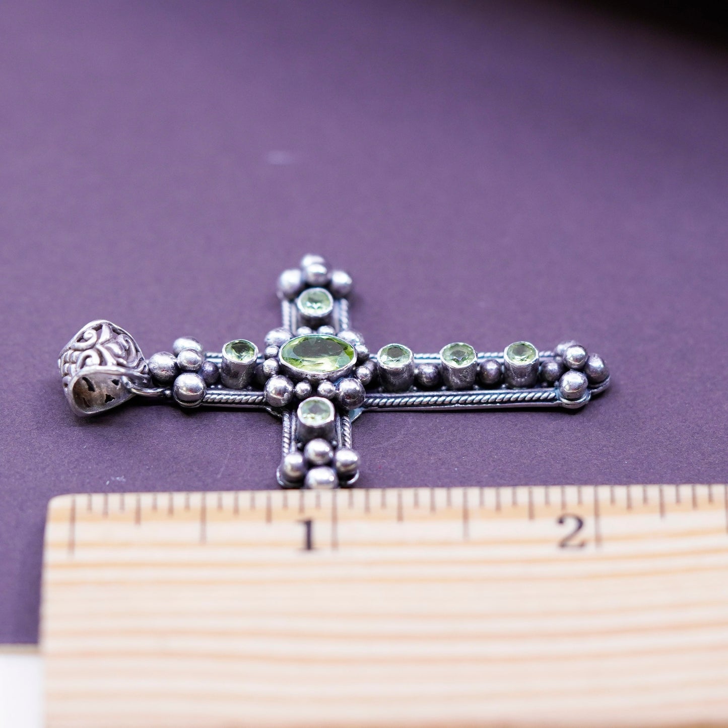 Vintage Sterling 925 silver handmade cross pendant with peridot and beads