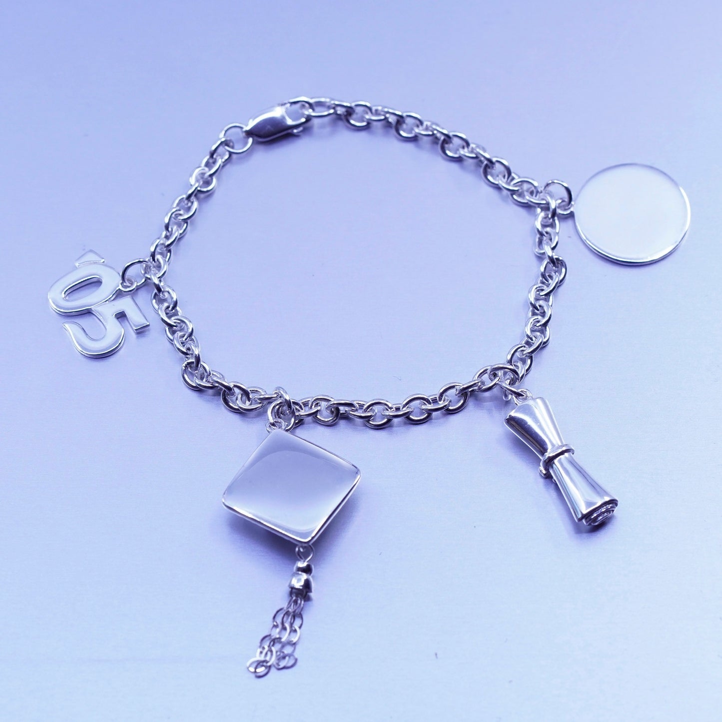 7”, Sterling silver handmade bracelet, 925 bold circle chain graduation diploma