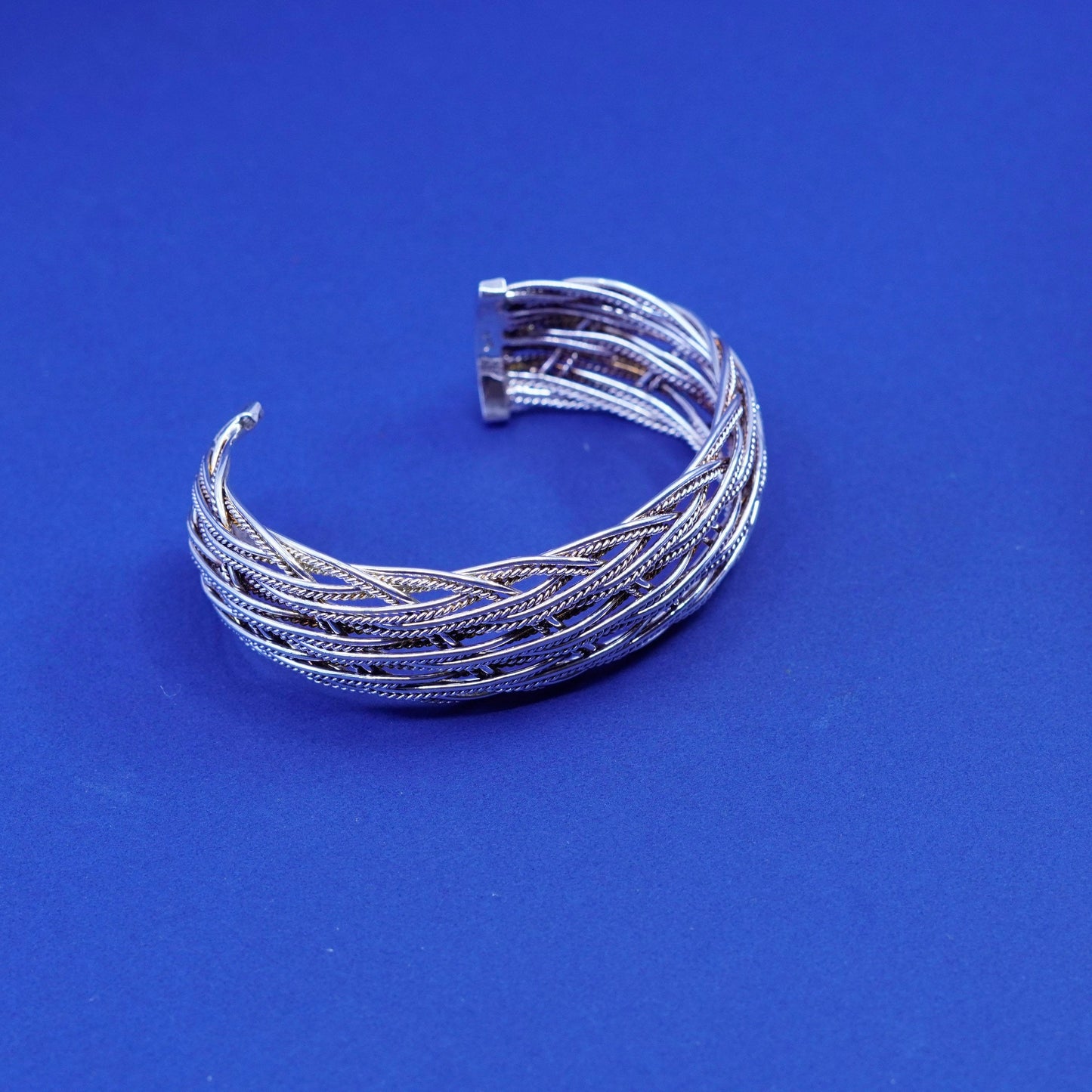 7”, vtg sterling silver handmade bracelet, wide 925 silver braided woven cuff