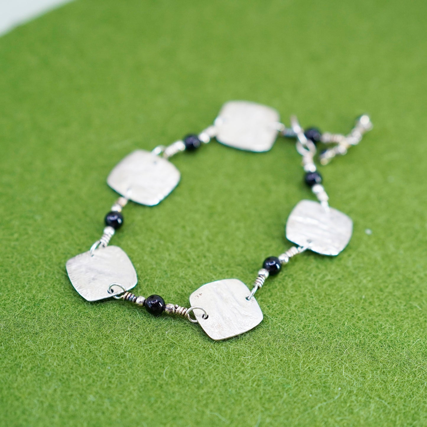 6.75”, Vintage sterling 925 silver square discs bracelet with copper shapes