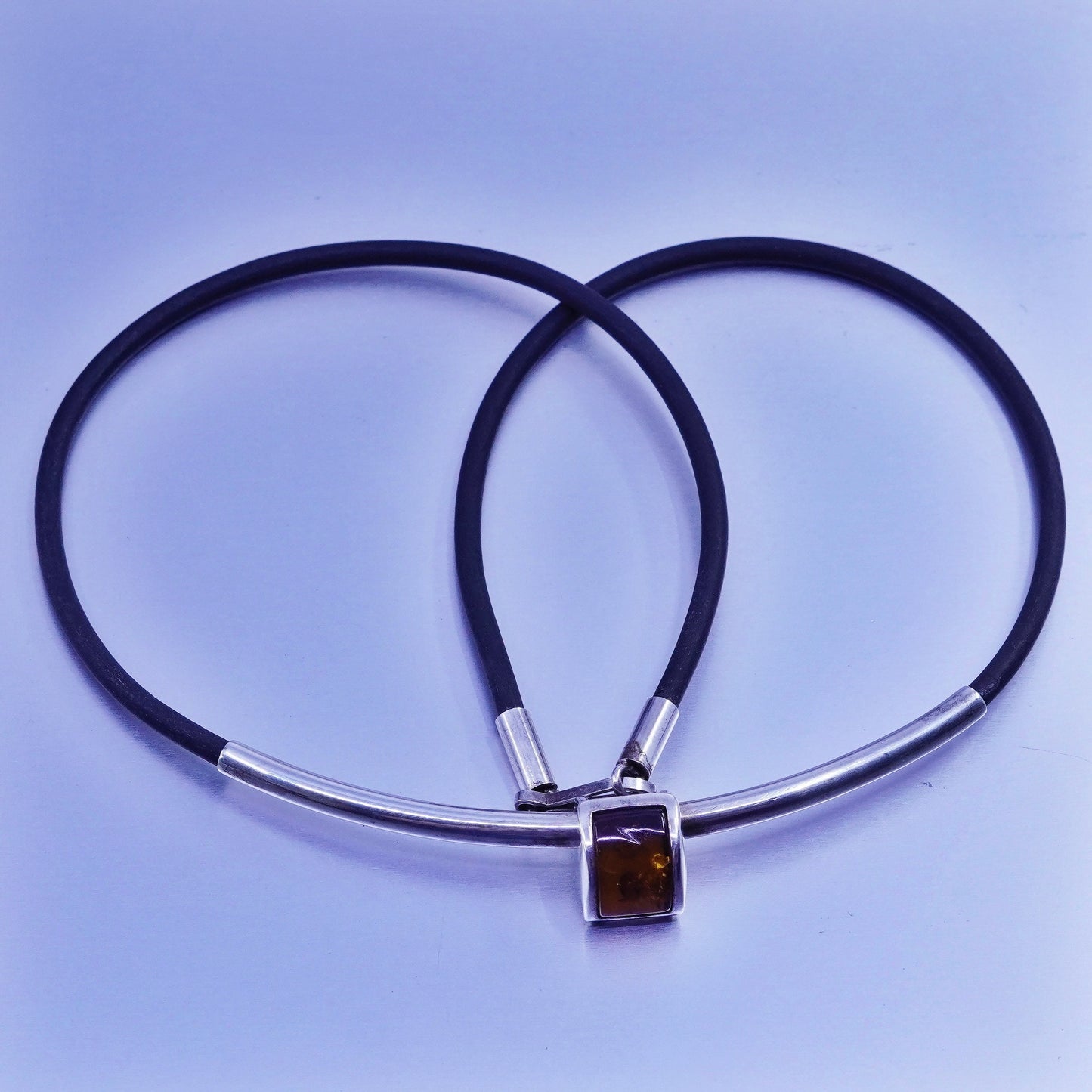 18”, vintage 925 Sterling Silver Handmade black Leather Necklace square Amber