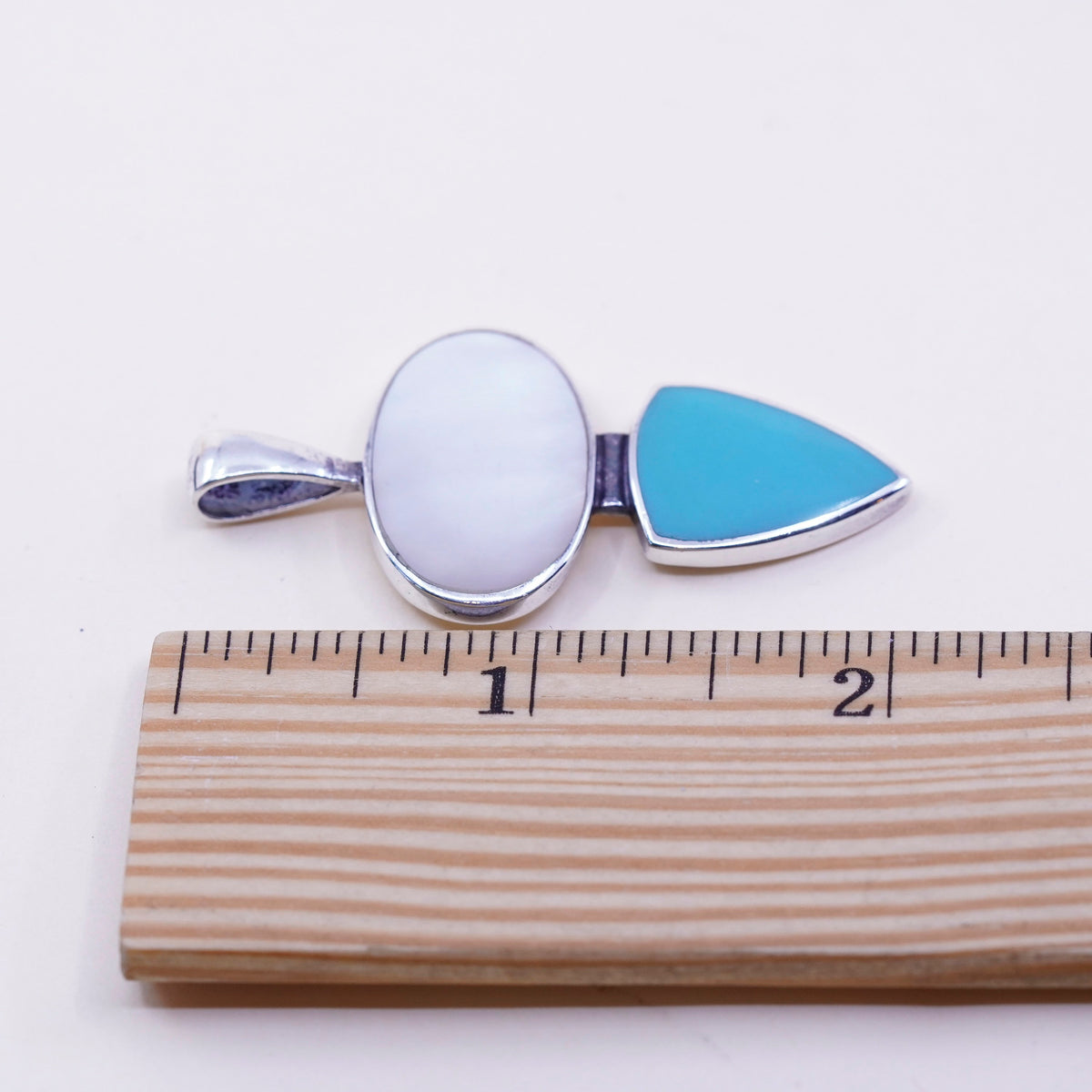 Vintage sterling 925 silver handmade pendant with mother of pearl and turquoise