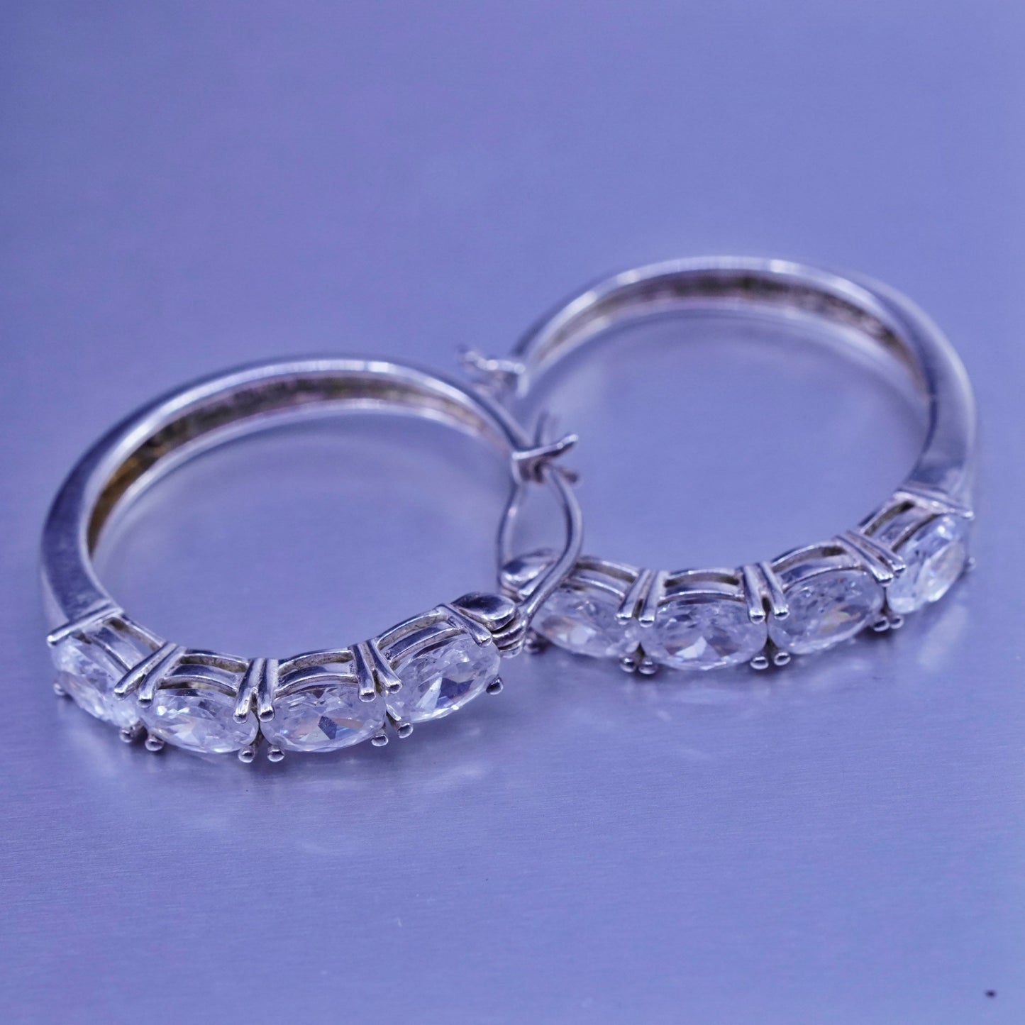 1”, vintage Sterling silver handmade earrings, 925 Huggie hoops with Cz