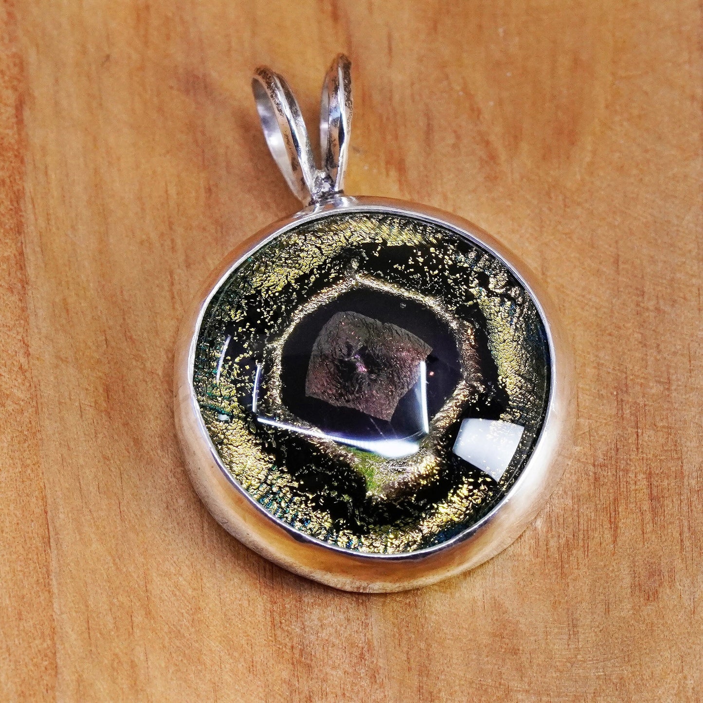 Vintage Sterling 925 silver handmade pendant golden foil glass evil eye, unique