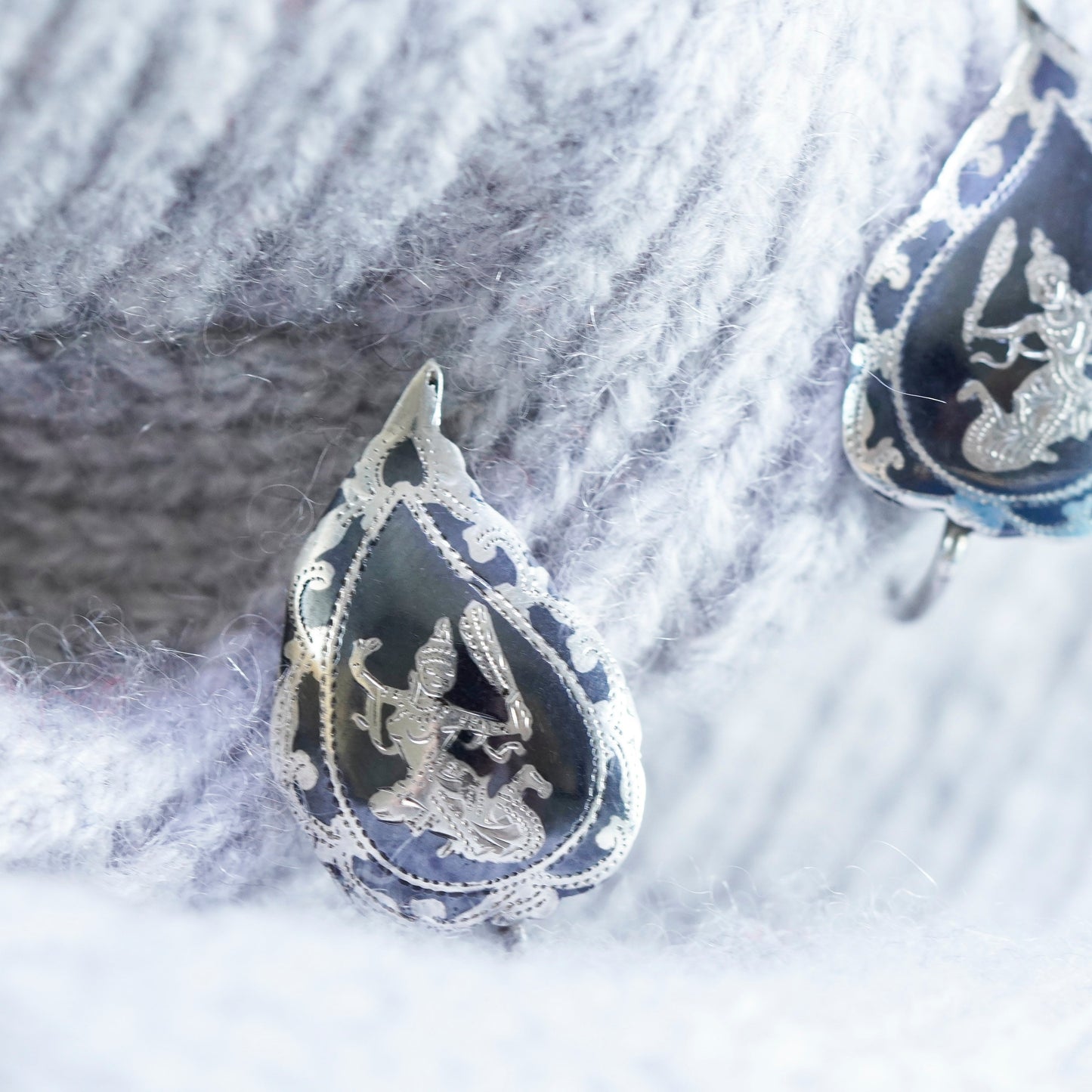 Vintage Sterling silver earrings, 925 screw back enamel Indian goddess teardrop