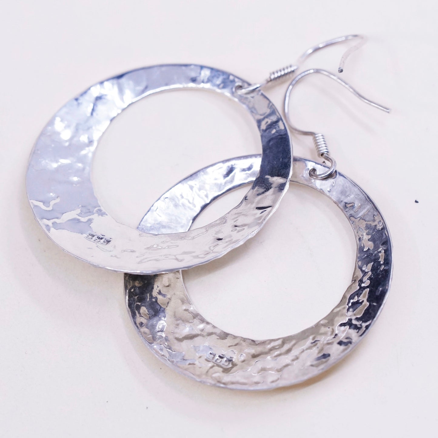 vtg sterling silver handmade earrings, 925 circle w/ hammered texture